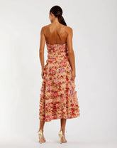 Pink Floral Strapless Ruffle Midi Dress